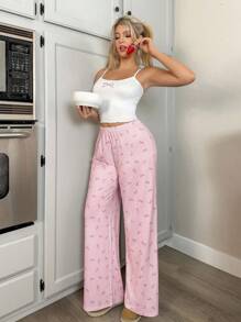 Sweetina Set de 2 piezas para mujer: Top de tirantes con estampado de mariposa y pantalón largo holgado casual, ropa de casa de verano, linda y cómoda - Multicolor - Ver 3