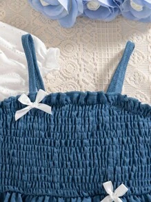 Genkimix Kids Girls Summer New Minimalist Spaghetti Strap Bow Embellished Overall Dress With Ruffle Sleeve Top, Vintage Elegant Cute Dress 2pc Set Girls Bow Print Short Sleeve Top And Dress Set Girls Blue Dress With White Bows Girls Casual Dress Girls Summer Dress Back To School Clothes