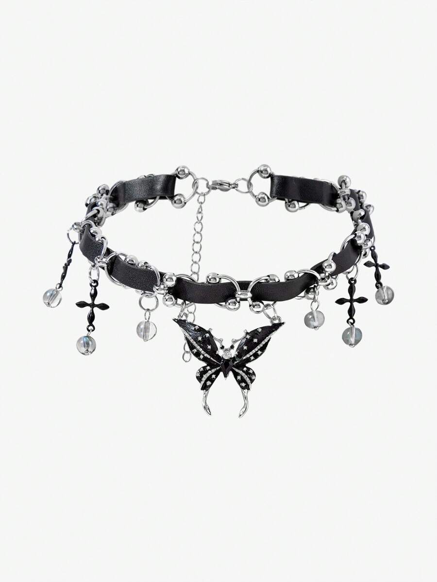 SHEIN ICON 朋克风格蝴蝶吊坠项链 - 黑色 - 查看 1