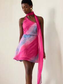 Aveloria Modichic Váy ngắn bó hở lưng hở lưng không đối xứng họa tiết tie-dye cầu vồng Dopamine phong cách câu lạc bộ gợi cảm theo phong cách châu Âu và Mỹ mới cho nữ - Hồng - Xem 6