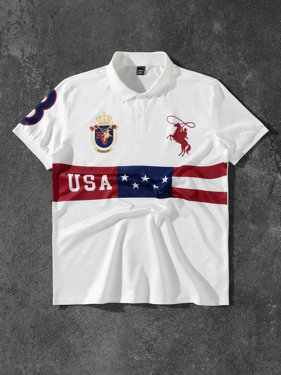 Aesthetic Post--Men's Stripe & Letter Print Short Sleeve Polo Shirt, Summer Men Usa Shirts Men Patriotic Shirts Flag Shirt Men July 4th Shirt Boston Polo Shirt - Multicolor - View 1