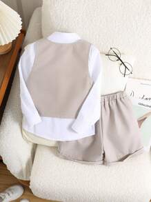 طقم سترة كاجوال بأسلوب أكاديمي رسمي من اللون الخاكي وشورت خصر مطاطي للأولاد الصغار، مناسب لحفلة عيد الميلاد، الحفلات المسائية، المناسبات، حفلات الأطفال، المعمودية وعودة للمدرسة - كاكي - مشاهدة 3