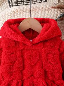 Vestido Confortável e da Moda para Meninas Pequenas, Manga Longa com Capuz Fofo Vermelho com Coração de Pelúcia, Outono/Inverno