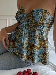 SHEIN EZwear 女士休闲复古紧身娃娃衫，胸部褶皱，抽绳领带，适合夏季，复古，Y2K 风格，佩斯利印花 - 彩色 - 查看 4