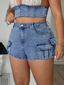 SHEIN EZwear Plus Size Women Casual Vacation Edgy Street Style Mid-Blue Stretch Denim Shorts - Medium Wash - View 5