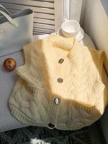 Comfortcana Cream Butter Yellow Ladies New Sleeveless Twisted Metal Button Sweater Vest Suitable For Spring, Summer, Autumn And Winter Vacation - Apricot - View 3