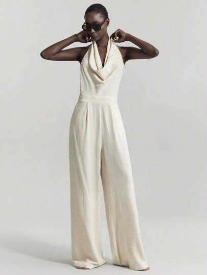 Ontre 女士纯色深 V 领阔腿连体裤，优雅都市风格，适合度假穿着，春夏季