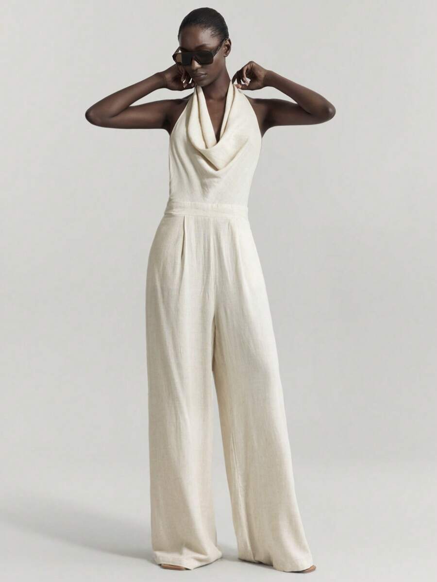 Ontre 女士纯色深 V 领阔腿连体裤，优雅都市风格，适合度假穿着，春夏季 - 白色 - 查看 1