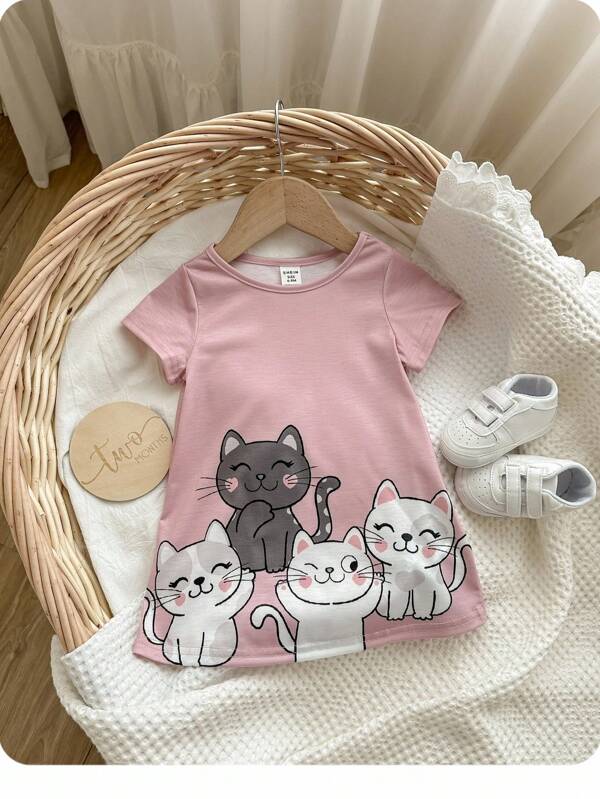 Baby Girl Cute Cartoon Pattern Pink Short Sleeve Dress, Spring/Summer