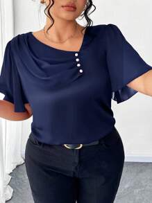 Elenzga 加大码不对称荷叶边领纽扣装饰短袖优雅衬衫 - 藏蓝色 - 查看 4