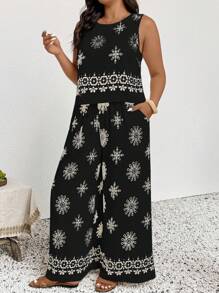 SHEIN Frenchy 2件套大码休闲度假印花无袖套头衫和直筒裤套装