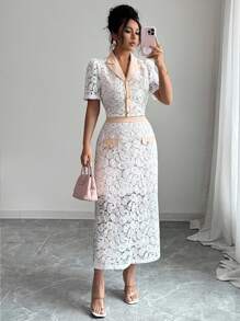 Elenzga Bộ đồ vest nữ mùa hè mới 2025 cổ áo tay bồng ren và chân váy chữ A thời trang - trắng - Xem 1