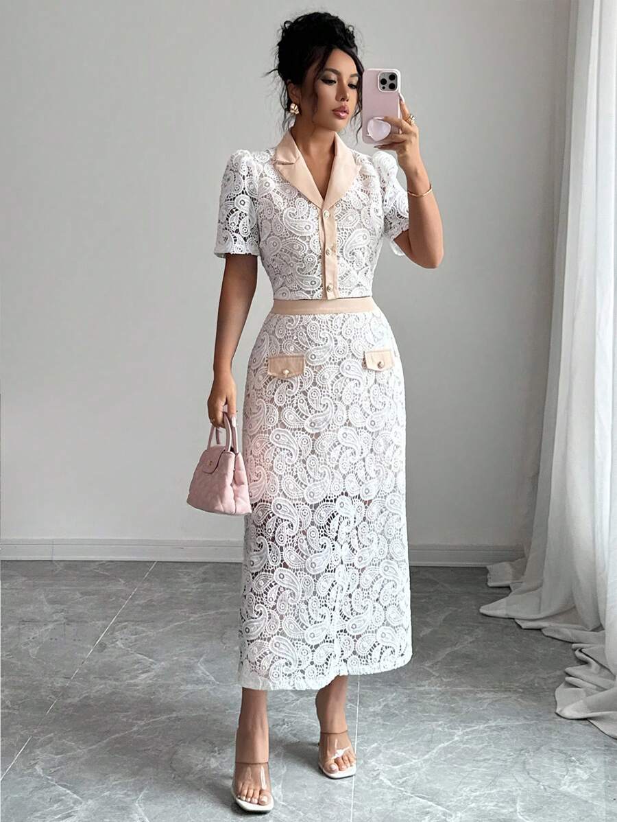 Elenzga Bộ đồ vest nữ mùa hè mới 2025 cổ áo tay bồng ren và chân váy chữ A thời trang - trắng - Xem 1