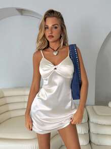 Roylia Sexy Fitted Twist Front Cinched Waist High Quality Women's Camisole Dress - White - View 1