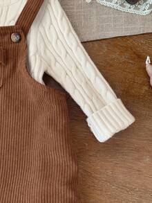 SHEIN LMoss Kids LMoss 女婴可爱粉色灯芯绒连体衣，适合秋冬季 - 棕色 - 查看 3