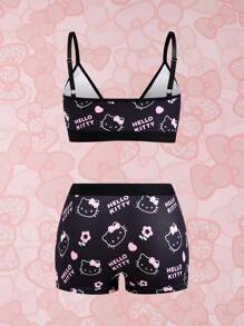 HELLO KITTY AND FRIENDS | SHEIN Plus Size Black & Pink Kitty And Heart Print Sexy & Comfy Bikini Bra And Boxer Brief Lingerie Set,Kawaii,Y2K,Cute,Sweet - Black - View 7