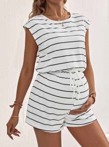 SHEIN Mono informal de maternidad de cuello redondo a rayas con cordón en la cintura