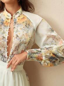 Anewsta 2 Pieces Set: Stand Collar Lantern Sleeve Printed Top + Skirt, Elegant & Graceful, European & American Style, 2025 New Arrival