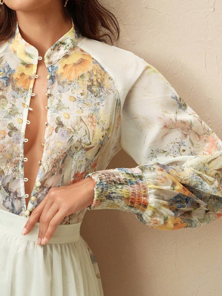 2 Pieces Set: Stand Collar Lantern Sleeve Printed Top + Skirt, Elegant & Graceful, European & American Style, 2025 New Arrival