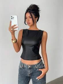 Aloruh Women's Elegant Black PU Backless Tank Tops,Summer Seksi Chic Club Y2K Millennium Music Festival Outing Style,Old Money Streetwear Punk Office Tops - Black - View 7