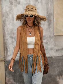 Brillora Spring Boho Hollow Out Fringe Hem Open Front Vest Jacket In Fall/Winter