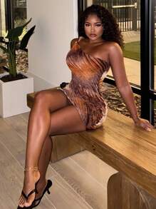 Alexandranx Robe mini femme à un épaule avec nœud torsadé tie dye