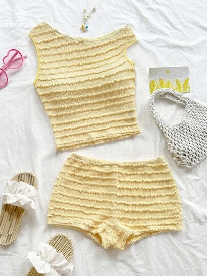 Soleia 2pcs/Set Women Summer Holiday Red & White Stripe Knitted Asymmetrical Neck Fitted Top And Super Low-Waist Bodycon Shorts, Suitable For Party, Christmas, Valentine's Day, Date, Beach, Cruise, Carnival, Easter, Chinese New Year Summer Two Pieces Set Butter Yellow Two Pieces Set Beach 2 Pieces Set Knit Two Pieces Set Smocked Two Pieces Set