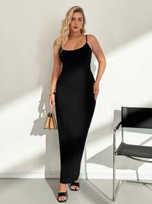 Auralis Plus Size Women's New Fashion Sxy Casual Commuting Elegant Casual Women Dresses Graduation Black Design Slim Suspender Long Dress Cold Shoulder Dress Derby Dress Dress Bodycon Dress - Black - View 3