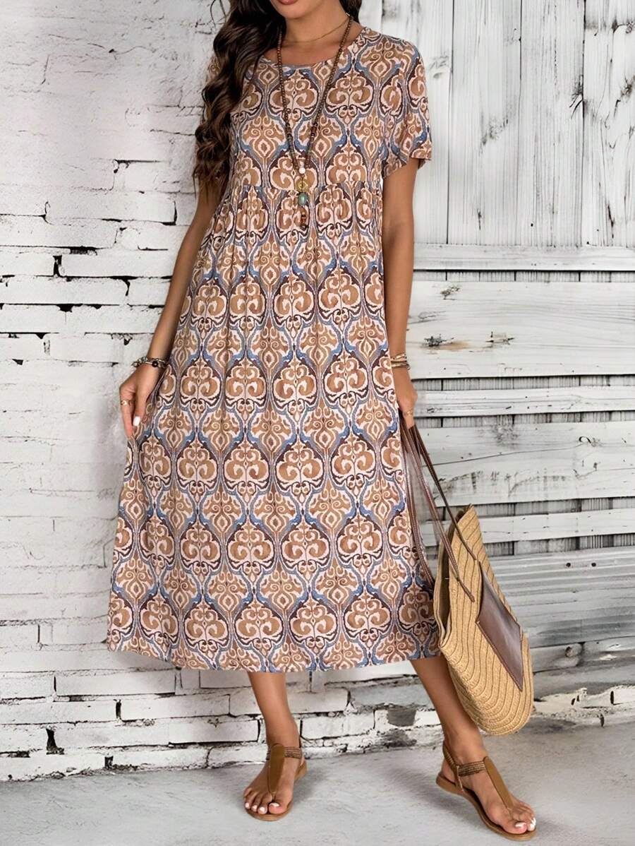 EMERY ROSE 女士休闲超长沙滩裙，全身印花 - 卡其色 - 查看 1