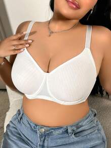 DesireSculpt Plus Size Simple Thin Underwire Wireless Bra, Lift And Gather, Without Padding White Bra Plus Size Bra Cute Bra White Ribbed Bra Full Coverage Bra - White - View 3