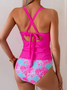 Swim Lushoire Conjunto de Maiô Bikini Tanquíni de Cintura Alta com Alça Grossa Cruzada, Babados e Estampa de Concha, em Rosa Fúcsia, Roupa de Praia de Verão - Pink - Visão 2