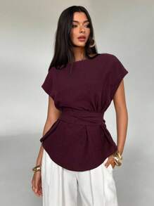 Aloruh 女式夏季休闲纯色蝙蝠袖后背打结褶皱修身衬衫