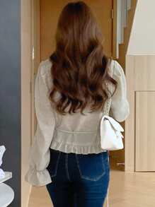 DAZY Women's Ruffled Collar Long Sleeve Tie-Front Fitted Casual Shirt