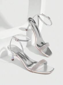 CUCCOO SZL Women's Silver Metallic PU Silver Rhinestone Decor Strap Square Toe Kitten Heels, Fashionable Sexy Glamorous Party Clubwear High Heel Sandals