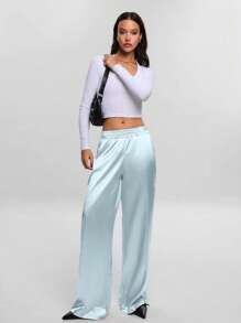 EURMUSE RueChic Satin High Waist Wide Leg Pant - Baby Blue - View 4