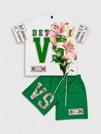 Street Life Set de 2 piezas de camiseta y short de hombre con estampado floral casual