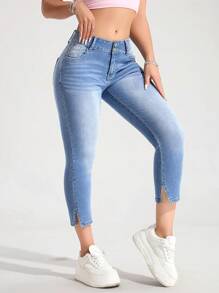 SHEIN Tall Jeans vita ampia, orlo aperto alla caviglia, vita bassa, lunghezza 7/8 - Lavaggio chiaro - Visualizzare 3