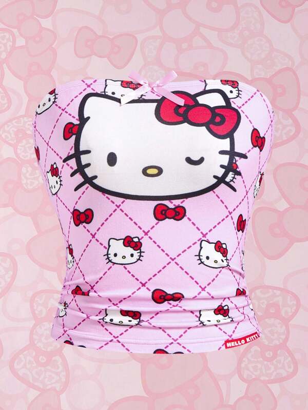 HELLO KITTY AND FRIENDS | SHEIN Cartoon Pattern Ruched Bandeau Sleeveless Top For Women