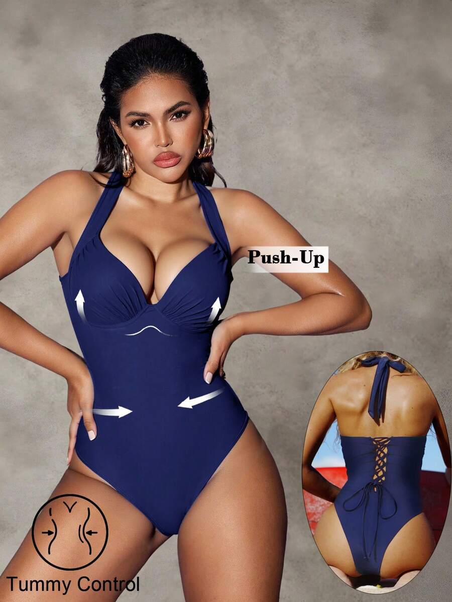 Shapewave 1 件式挂脖系带连体泳衣，带钢圈支撑聚拢 - 藏蓝色 - 查看 1