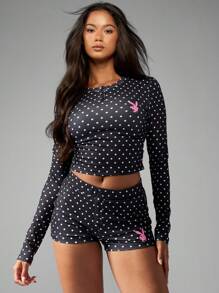 Missguided x Playboy 圣诞波点长袖亨利领纽扣家居服套装，带兔子图案 - 黑與白 - 查看 1