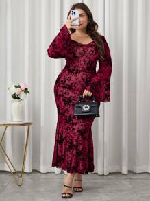 Modelyn Vestido de cola de sirena con mangas de campana elegante de encaje talla grande para primavera/verano - Rosa Fucsia - Ver 6