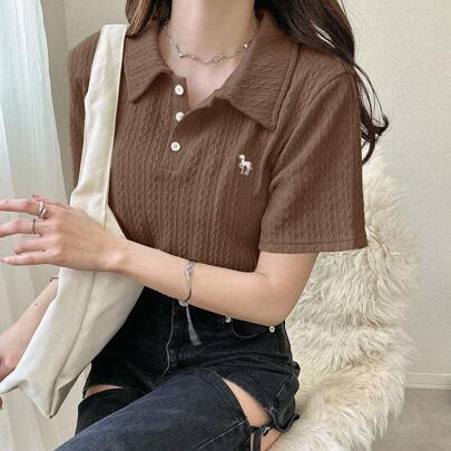 여성용 아프리콧 베이직 폴로 카라 자수 티셔츠, 턴다운 카라 반팔 여름 의류