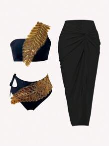 Swim Oasis Elenzya 3 件套女式夏季泳衣套装 - 纯色单肩金叶设计高腰比基尼泳裤和扭纹前开襟沙滩裙，性感别致的度假泳装 - 黑色 - 查看 1