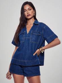 Denimoi 翻盖口袋领短袖牛仔上衣