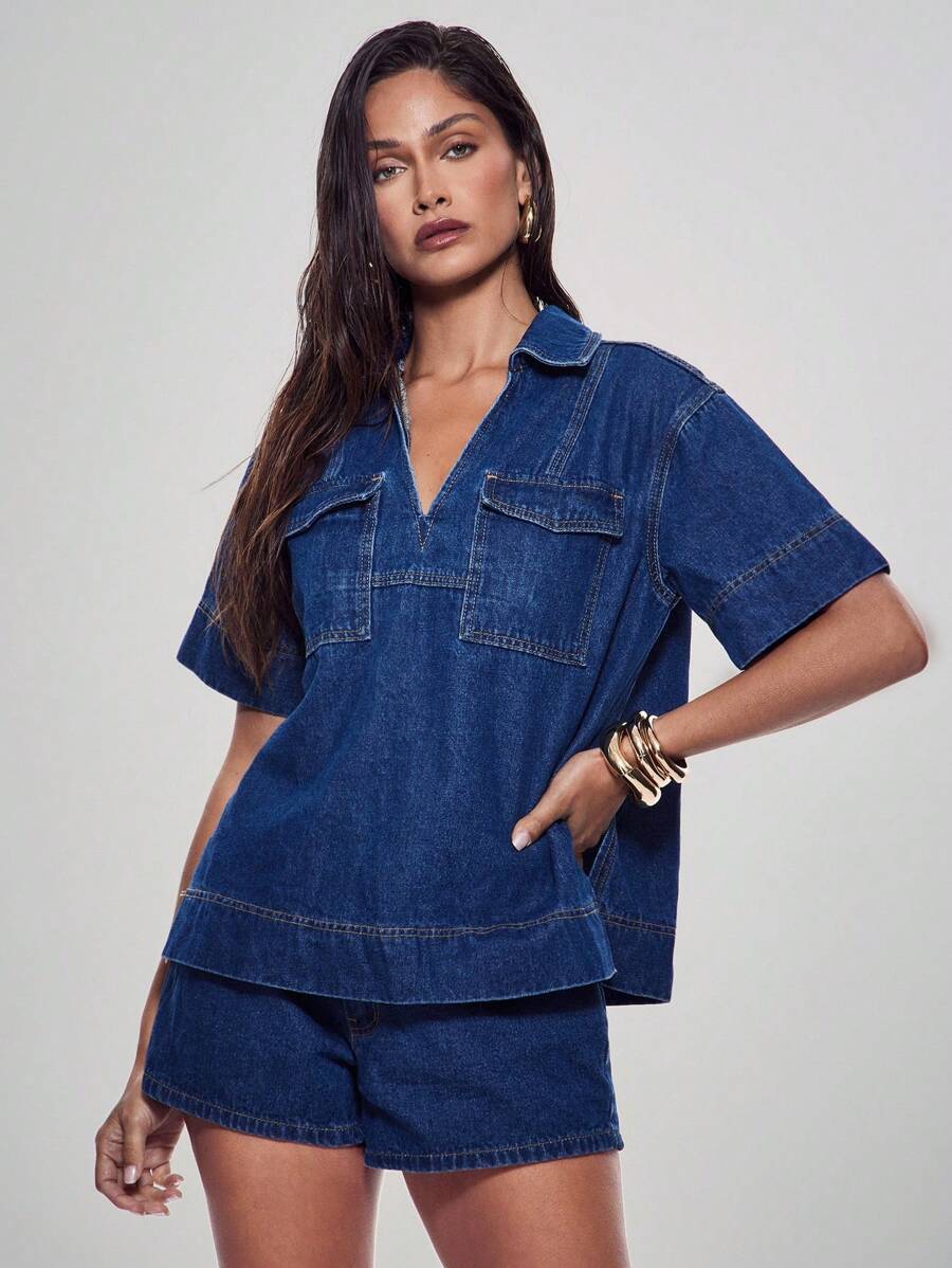 Denimoi 翻盖口袋领短袖牛仔上衣