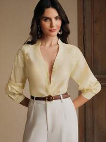 Anewsta New Design Embroidery Sense Elegant Niche Women Shirt, Butter Yellow, Spring/Summer
