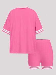 SHEIN Set casual in jersey per ragazze adolescenti, divisa sportiva da corsa, numero 08 e stampa floreale, t-shirt minimale a maniche corte morbida e pantaloncini corti da ciclista, per l'estate