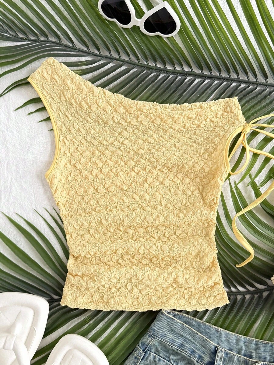 SHEIN 女童纹理针织蝴蝶装饰不对称露肩衬衫