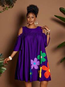 Maweii Summer Round Neck Off Shoulder Cartoon Flower Print Casual Vacation Dress - Purple - View 6
