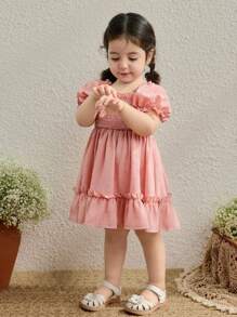 Blossori Baby Girls' Countryside Resort Style Pink Puff Sleeve Dress - Pink - View 3